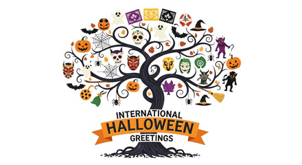 Obraz premium International Halloween Greetings Tree with Symbols and Characters