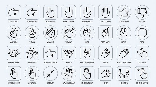 Editable stroke hand sign icon set featuring various gestures and symbols for communication and expression