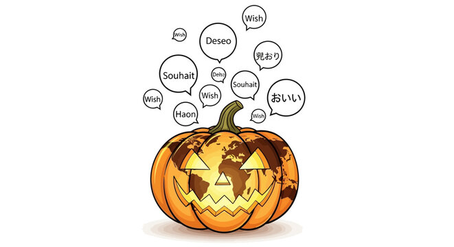 Halloween pumpkin with wish words in multiple languages