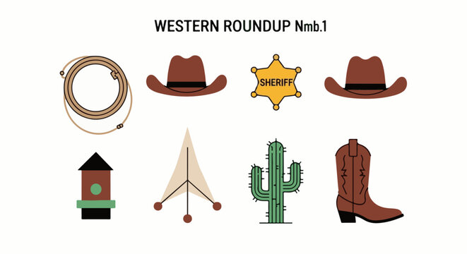 A collection of simple vector icons depicting Western-themed elements like hats, a lasso, and a cactus