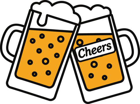 Two mugs of cold beer clinking together with foam and the word cheers