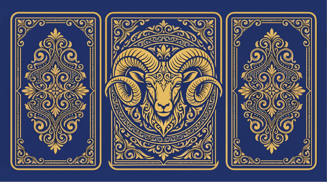 Ram head illustration displays intricate gold patterns on a dark blue background.