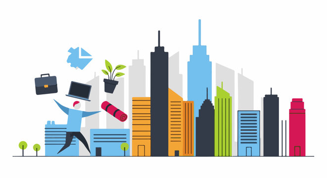 A figure juggles work and leisure items against a city skyline