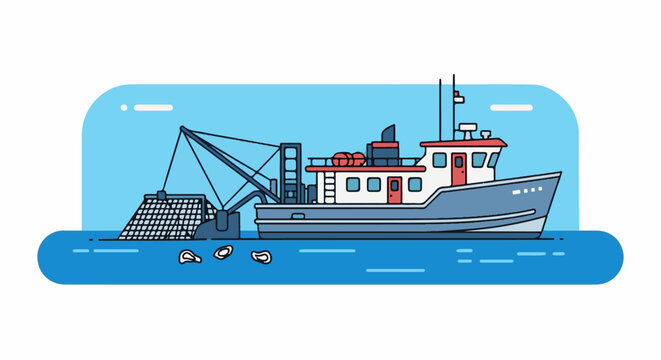 A fishing trawler with nets and a catch in blue ocean waters