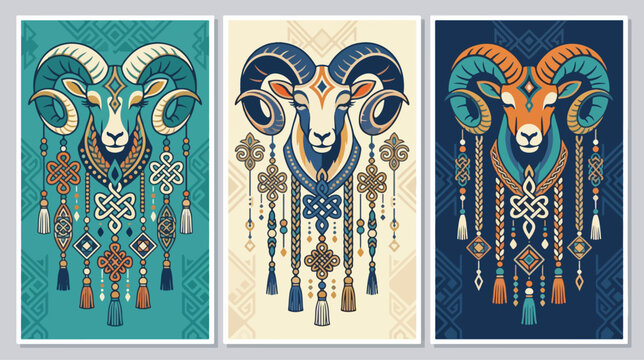 Ram portraits feature detailed ethnic patterns with decorative braided hanging tassel ornaments.