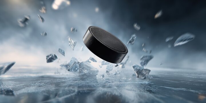 The Hockey Puck Flying Through Shattered Ice in a Dramatic Action Freeze Frame