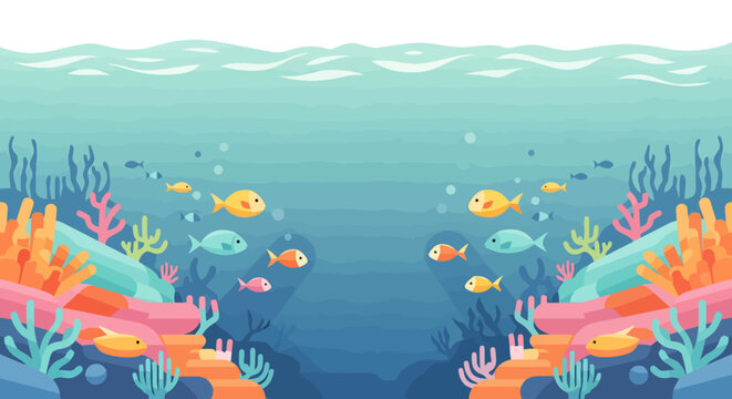 Vibrant underwater marine life teeming with colorful coral reefs and playful schools of small fish swimming in the clear blue ocean depths depicting a lively aquatic ecosystem in a charming