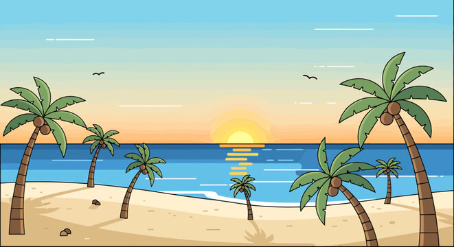 Expansive tropical shoreline scene displaying lush palm trees planted along golden sand meeting the calm ocean waters under a vibrant gradient sky at sunset with calm waves lapping the beach