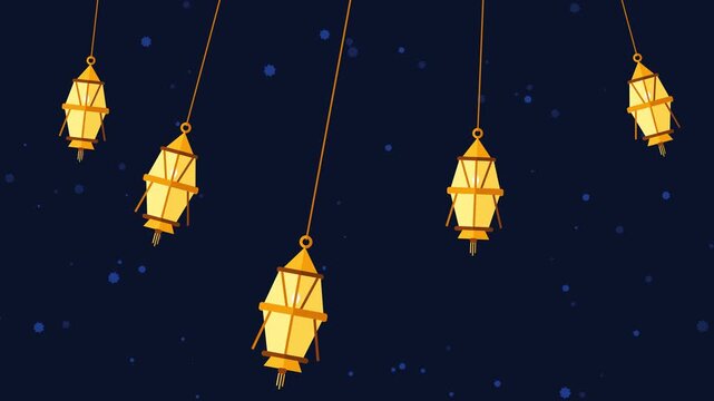 Hanging Traditional Golden Lanterns Animation on Dark Night Sky with Stars for Holy Month Celebration