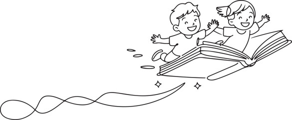 Single one line drawing little boy and girl student or preschooler flying on magic book. Happy kids flying on the book. Knowledge power concept. one line Art icon drawing vector © Misho x Mamun