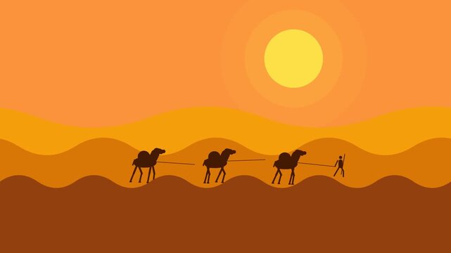 Minimalist Vector Illustration of a Camel Caravan Walking Across Desert Sand Dunes at Sunset
