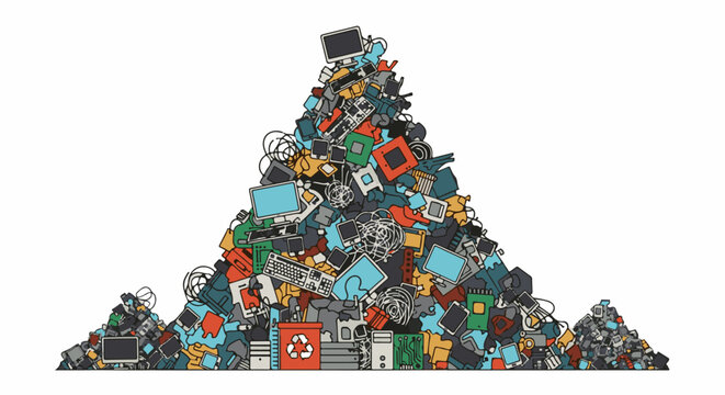 A large, colorful pile of discarded electronic devices forms a mountain