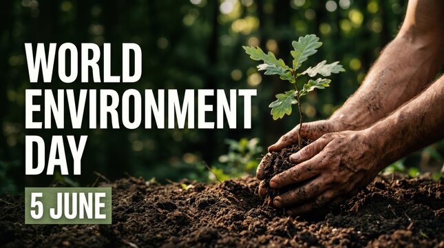 World Environment Day poster for June 5, hands planting a young oak tree sapling in soil, ecological conservation and reforestation concept