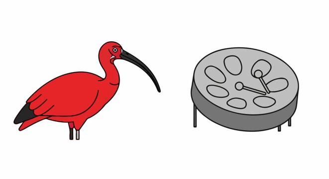 A cartoon red ibis bird stands next to a steel drum percussion instrument