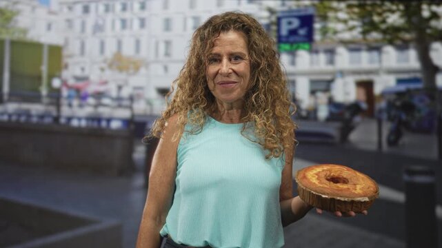 Middle age hispanic woman holding sponge cake in right hand wearing sleeveless top near bakery on street smiling at camera; homemade baking joy.