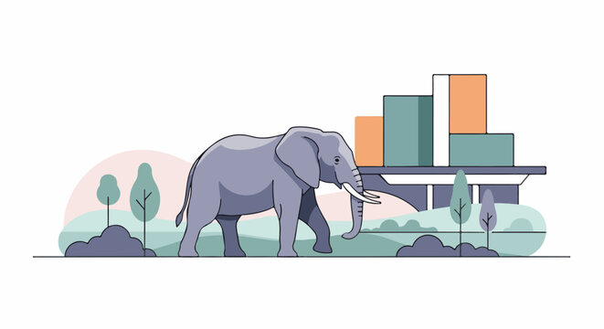 A large gray elephant walks in a park with abstract trees and a building with bar graphs