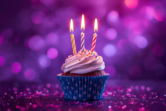 Birthday cupcake with lit candles and bokeh background baked goods sugar rush puff pastry cake batter cake decoration cake icing cake topping cake pop cake slice cake stand cake topper