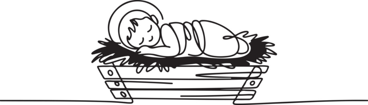 the Jesus Christ baby in a manger. Continuous line christmas feeder for animals icon. one line Art icon drawing vector