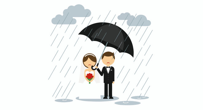 A sad bride and groom share an umbrella in the rain