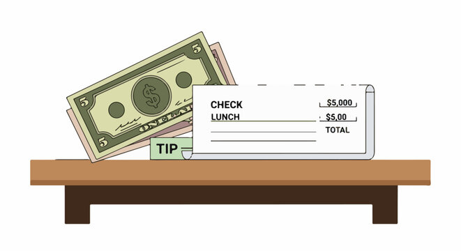 A stack of money sits next to a bill on a wooden surface