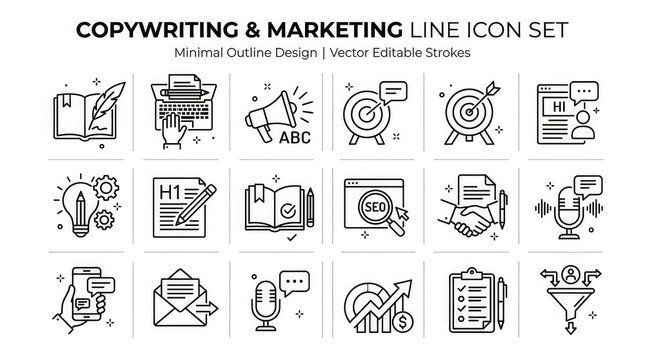 Monochrome copywriting and marketing icon set for business and advertising needs