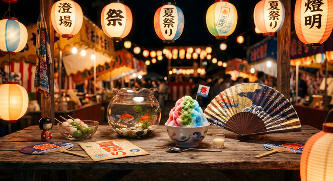 Japanese summer festival Matsuri background with shaved ice kakigori, goldfish bowl and folding fan on wooden table at night