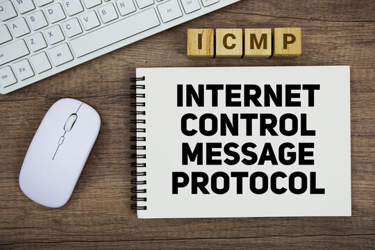 ICMP Internet Control Message Protocol message with keyboard and optical mouse on wooden background