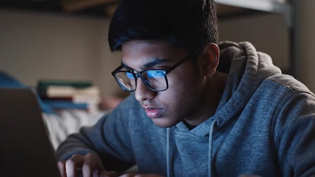 Young Indian college student using laptop for studying at night