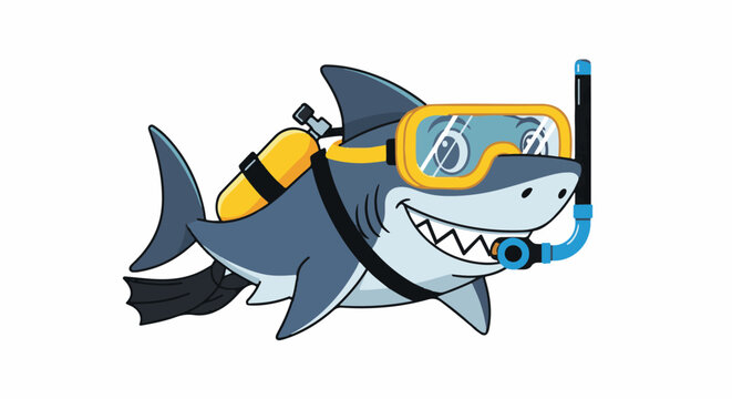 A cartoon shark wears diving gear, smiling broadly