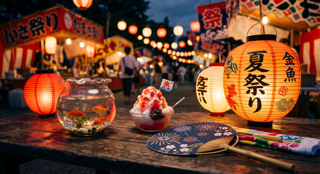 Japanese summer festival Matsuri background with shaved ice kakigori, goldfish bowl and folding fan on wooden table at night