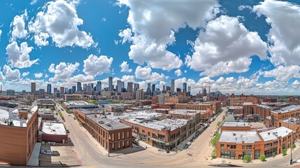 Obraz premium Panoramic Aerial View of Historic Brick Urban District Under Blue Sky.