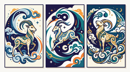 Fototapeta premium Decorative capricorn zodiac panels display ornate goats amidst swirling clouds and stars.