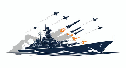 Fototapeta premium A naval warship fires missiles and guns amidst smoke, while jets fly overhead