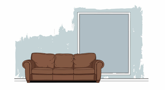 A brown sofa sits in front of a large window with a blueish-gray pane