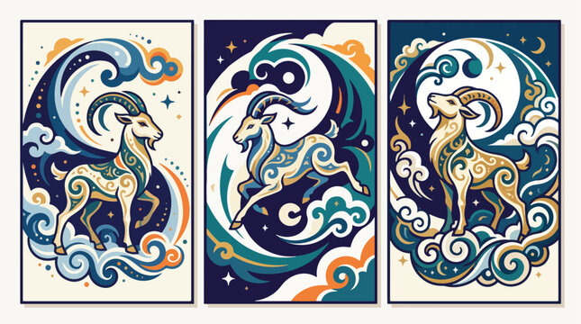 Decorative capricorn zodiac panels display ornate goats amidst swirling clouds and stars.