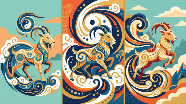Decorative goats feature intricate swirling patterns in a vibrant artistic oriental style.