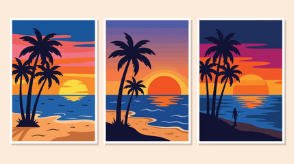 Fototapeta premium Tropical palm trees stand on a sandy beach during a beautiful sunset.