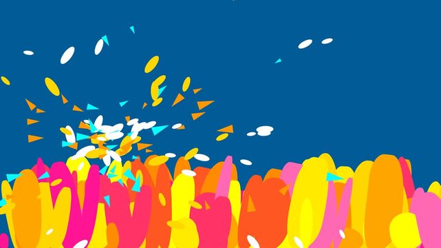 Abstract Colorful Crowd Cheering with Festive Confetti Burst on Blue Background for Celebration and Event Promotion