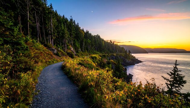 A serene winding path by a body of water at sunset