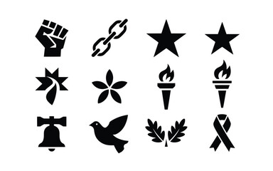 Graphic design featuring twelve black icons on white background including symbols of peace freedom and activism © Suranjana