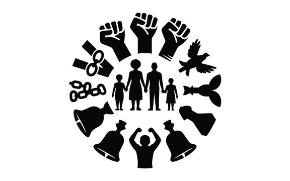 Black silhouette circular emblem featuring diverse group of people surrounded by raised fists megaphones broken chains and dove on white background symbolizing freedom and unity