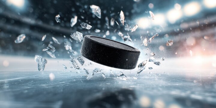 The hockey puck shattering ice with dramatic motion in illuminated arena