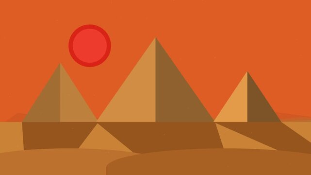Flat Minimalist Animation of Ancient Desert Pyramids with a Red Sun Moving Across an Orange Sky in a Time Lapse Style