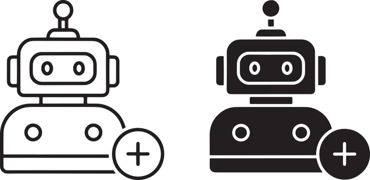 Robot icon with add button silhouette and outline technology illustration artificial intelligence silhouette collection automation computer interface software development