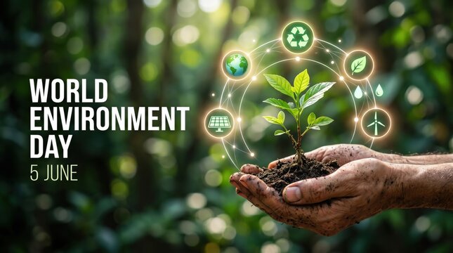 World Environment Day concept with hands holding green plant, sustainable ecology icons on June 5, environmental conservation and reforestation