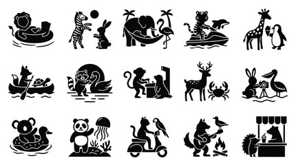 Collection of playful animal silhouettes engaged in various activities and interactions. © GJ