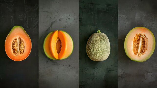 Four halves of cantaloupe melons on a dark background.