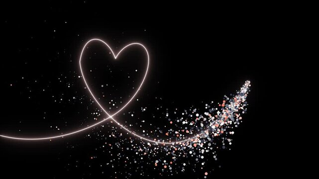 glowing light trail valentines day hearts neon overlay motion design element. 4k dust trail loop transition,  glitter particle trail animation. fairy dust wand shimmer transition effect 