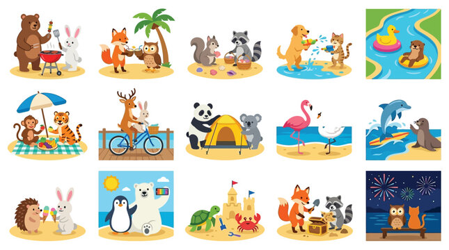 A collection of cute cartoon animals enjoying various summer activities and vacations.