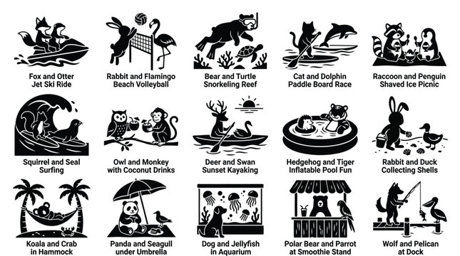 Collection of whimsical animal illustrations depicting various summer activities and beach fun.